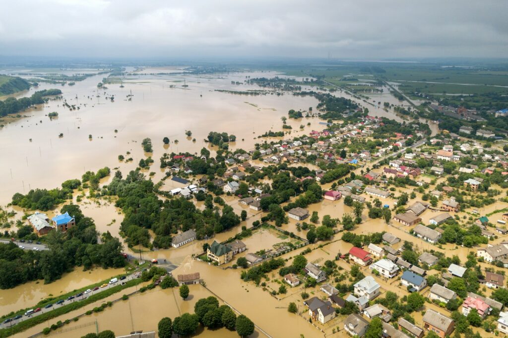 Aerial view of flooded houses with dirty water of Dnister river in Halych town, western Ukraine.